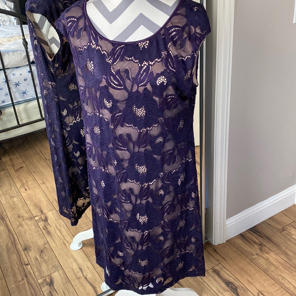 Purple lace dress with beige slip. Capped sleeves, scoop neck